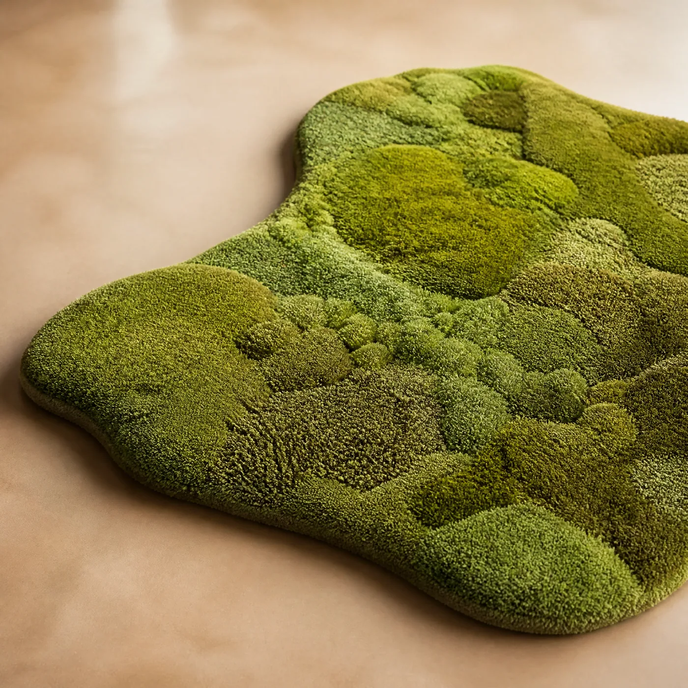 Close detail of sculpted MossyHearth moss rug texture